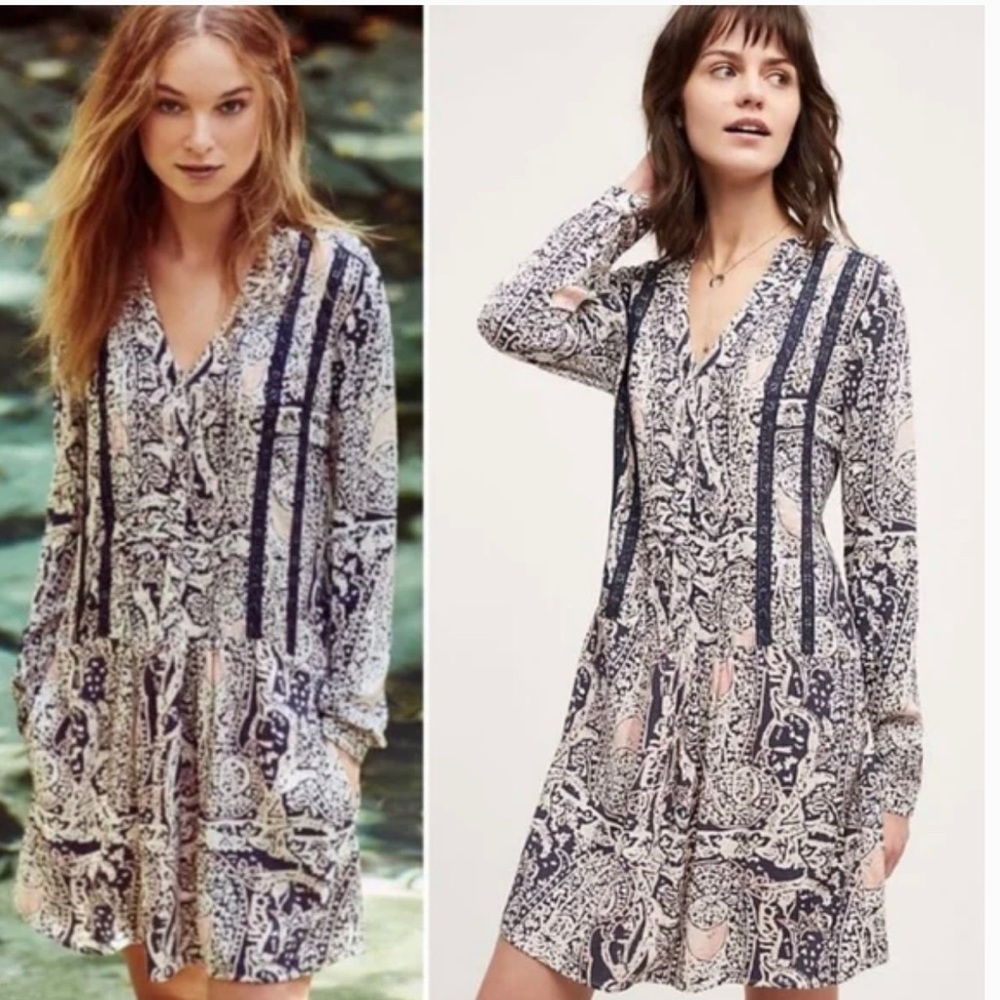 Anthropologie TINY Caviana Paisley Boho Drop Waist Dress Long Sleeve Blue Large